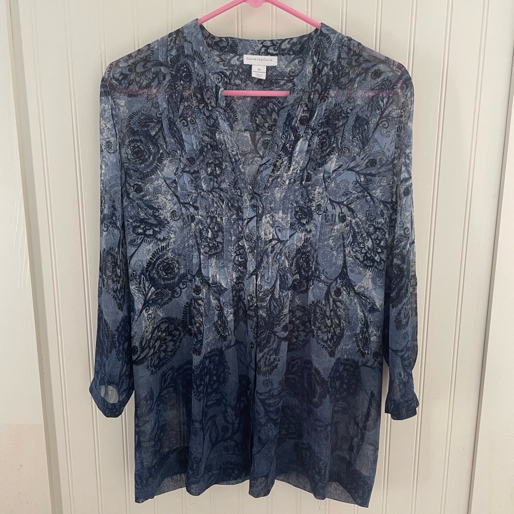 Charter Club Gray and Blue 3/4 Sleeve Mandarin Collar Blouse
